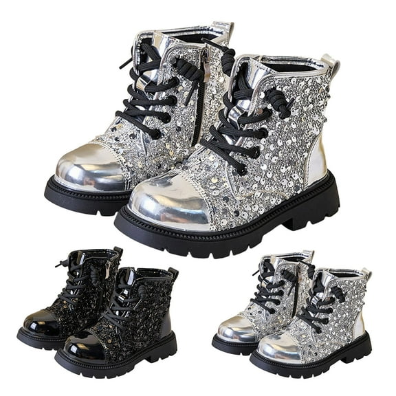 Dakaela Girls Glitter Ankle Boots Lace up Waterproof Combat Shoes Sequin Side Zipper Fall Winter Dress Booties Black 8.5