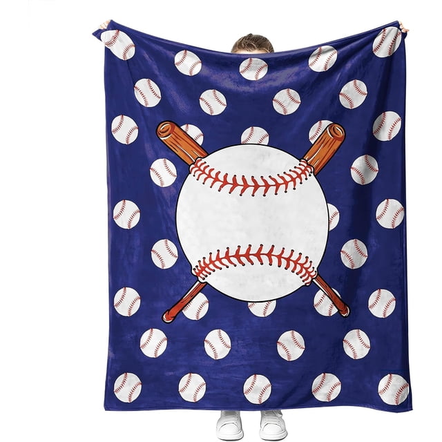 LHSHID Baseball Stuff Cozy Fleece Baseball Blanket, a 50x60 inch plush and fuzzy throw blanket, featuring a baseball-themed design with a large white baseball and crossed bats in the center, surrounded by smaller baseballs on a navy blue background. Made of high-quality microfiber polyester, this lightweight and soft blanket is suitable for use on beds, sofas, or during travel. Ideal for all seasons and easy to care for with machine washability.