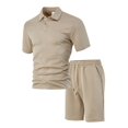 thumbnail image 3 of Men's Textured Short Sleeve Collared Shirt & Shorts Set Khaki S, 3 of 9
