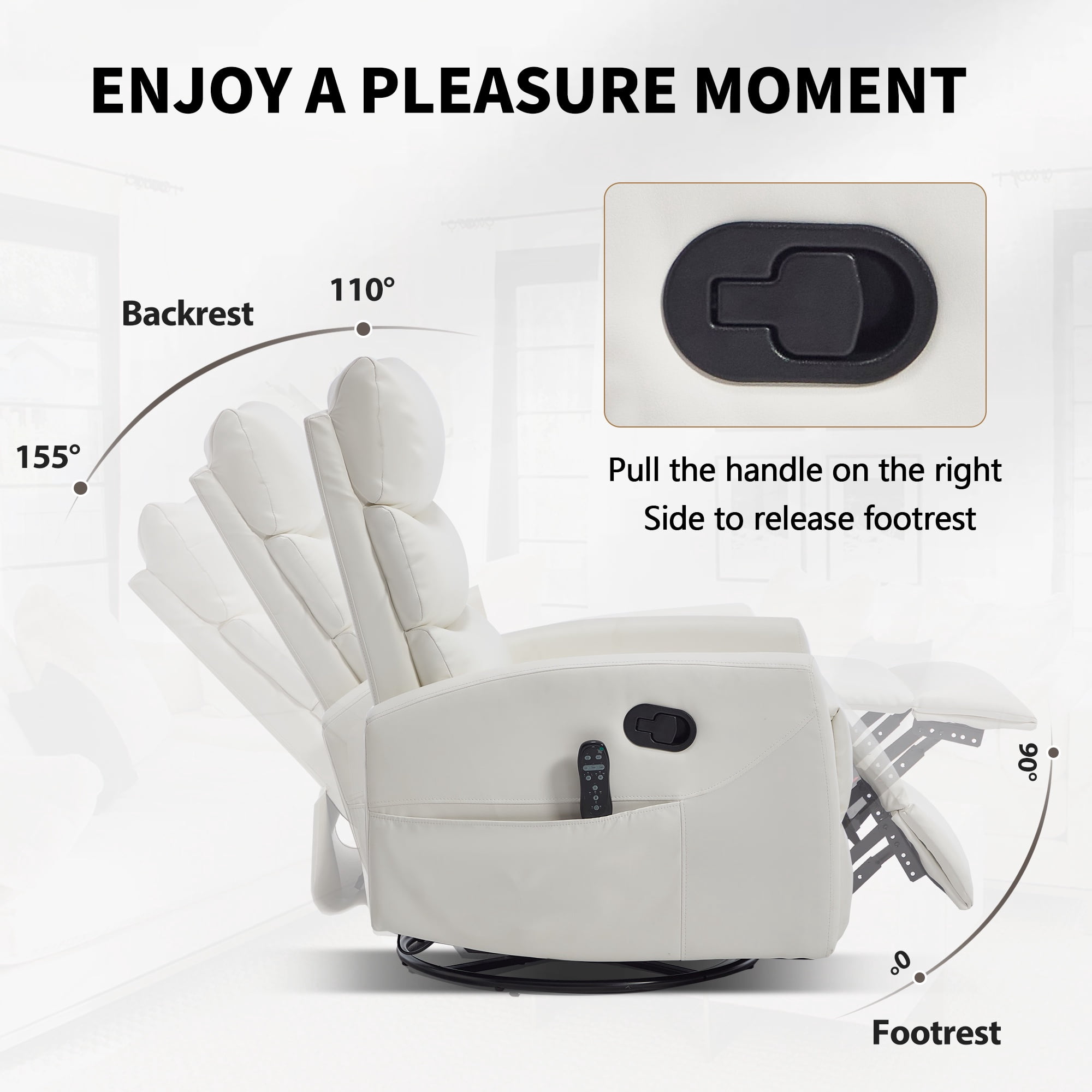 PAPROOS Rocker Recliner with Heat Therapy and Massage, PU Leather 360°Swivel Rocker Recliner, Rocking Chair for Nursery, Small Rocking Recliner, Manual Recliner for Home Theater Living Room, White