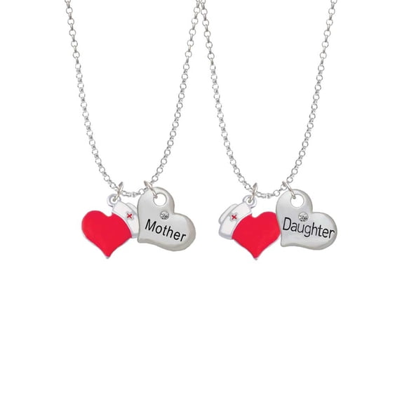 Delight Jewelry Silvertone Red Heart with Nurse Hat Mother & Daughter Heart Necklaces (Set of 2), 19"+2"