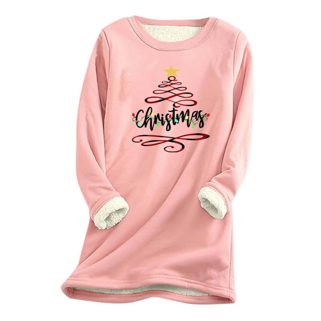 LSLJS Hauts Thermiques pour Femmes, Hauts à Manches Longues Chauds en Peluche Épaissie à Col Rond avec Imprimé de Noël pour Femmes