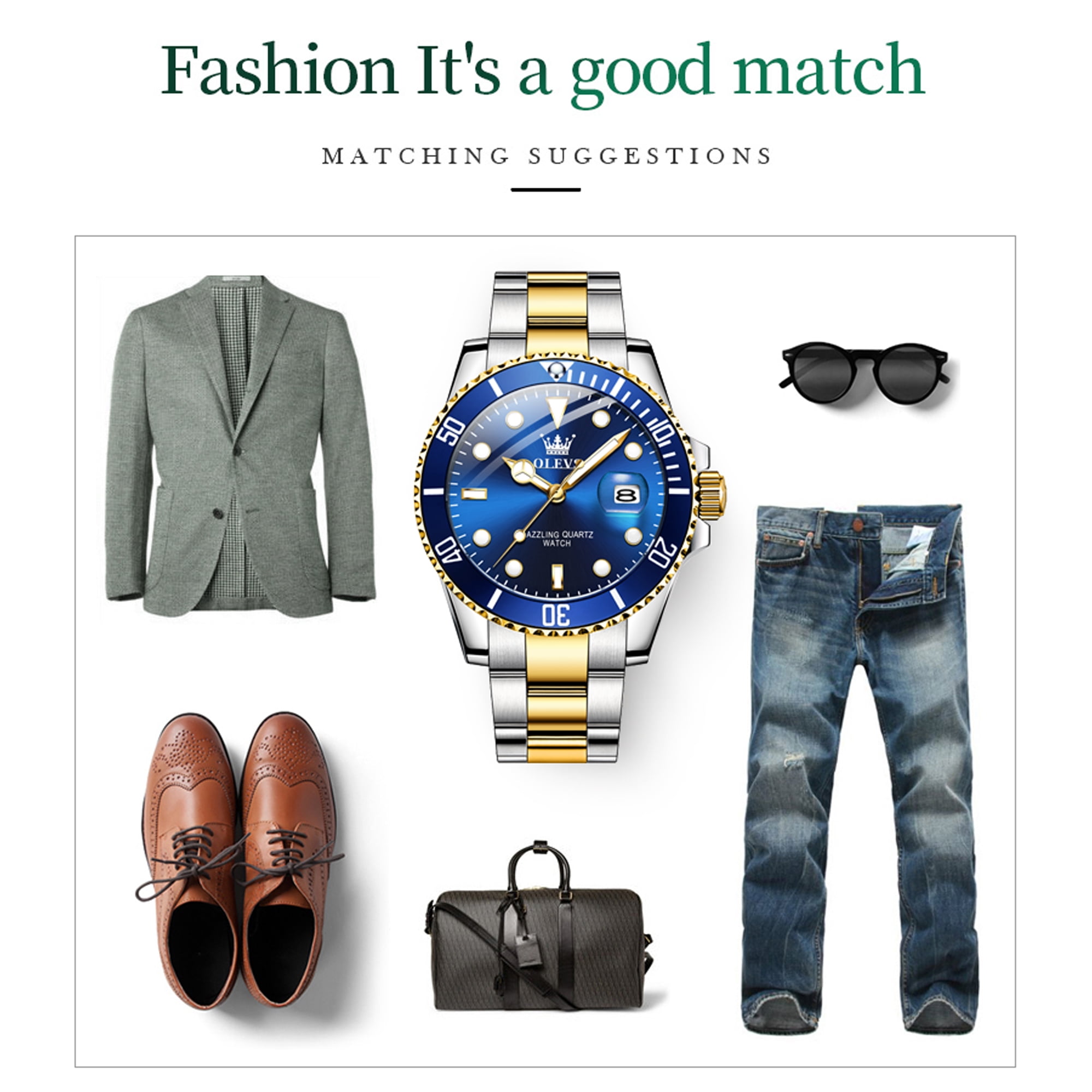 OLEVS Watches for Men Luxury Classic Dress Analog Quartz Fashion Two Tone Gold Plated Stainless Steel Date Waterproof Luminous Mens Wrist Watches Reloj Para Hombre Green/Black/Blue