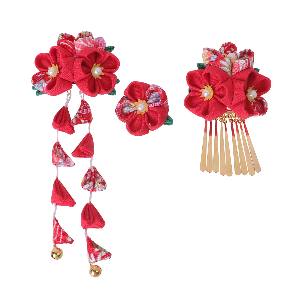 3pcs Japanese Style Headwear Cloth Flower Hair Clips Barrette Hair Side  Clips Hair Accessories (Red) 