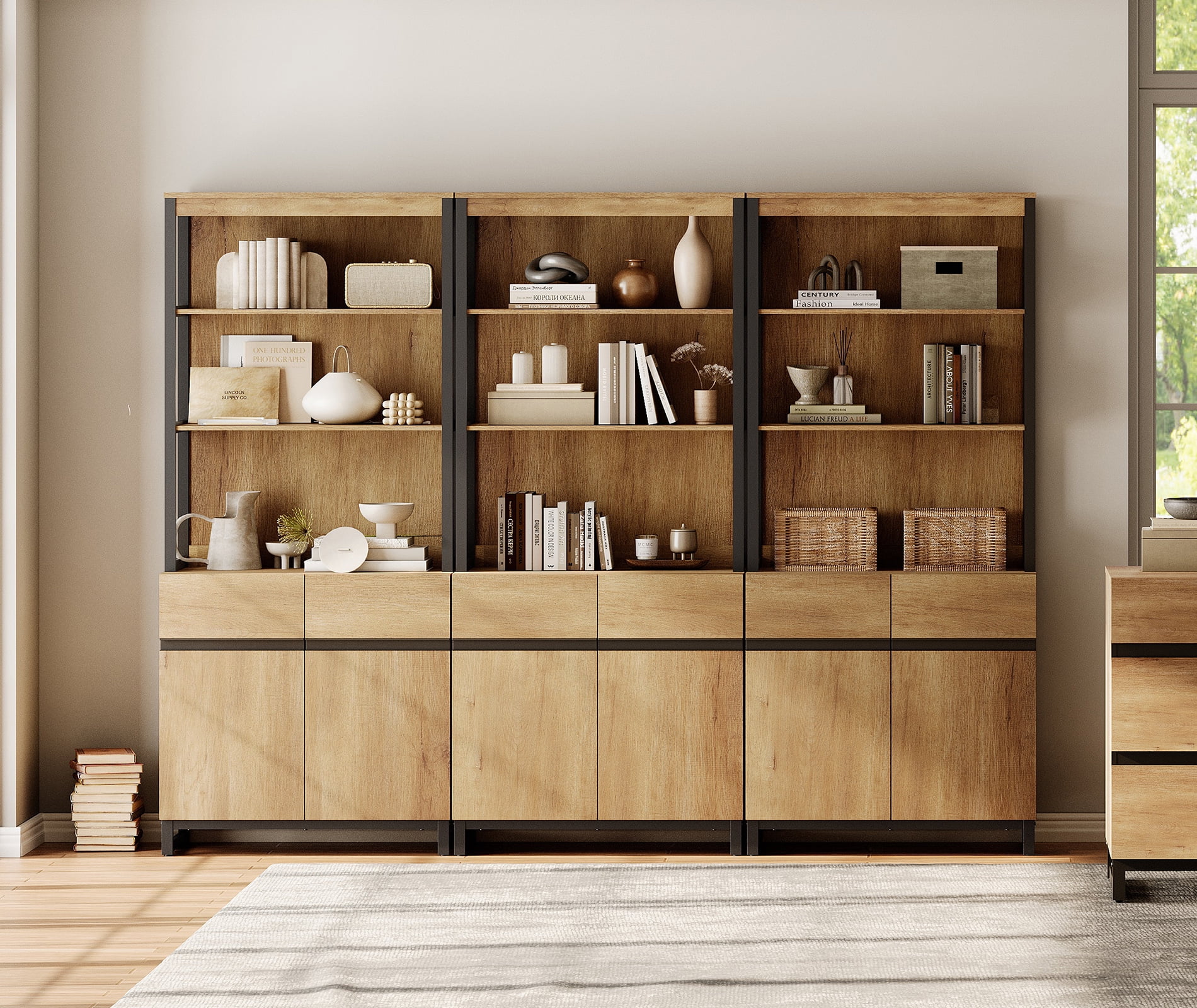 3 PCS Modern 72 Inch Tall Bookcases with Heavy-Duty Metal Base, Multi-Piece Library Bookshelf Combo with Adjustable Shelves, Closed Cabinet and Open Storage Shelves for Indoor Home Use