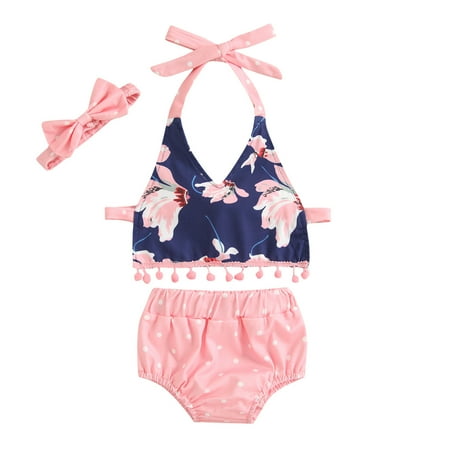 

GWAABD Toddler Girl Sets Pink Cotton Baby Girls Tassels Floral Suspender Strap Vest+Dot Shorts Outfits 110