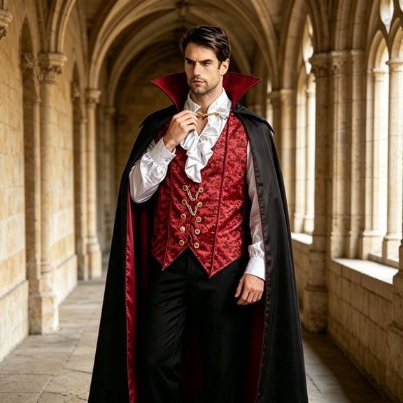 JOANKDMI Mens Gothic Vampire Costume Set with Stand Collar Cape Vest and Ruffle Shirt Classic Aristocrat Dracula Outfit for Halloween Role Play Role Play Theme Party