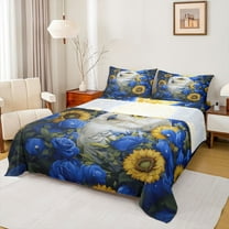 Castle Fairy Wildlife White Owl Twin Sheet Sets 3pcs for Female Men Women,Chic Floral Sunflower Rose Twin Fitted Sheet Microfiber,Blue Yellow Breathable Flat Sheet,Lightweight Room Decor