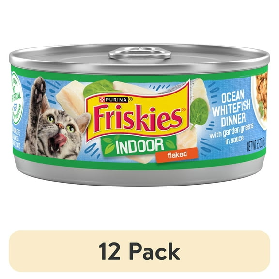 (12 pack) Purina Friskies Indoor, Flaked Ocean Whitefish Dinner, Wet Cat Food, 5.5 oz Can
