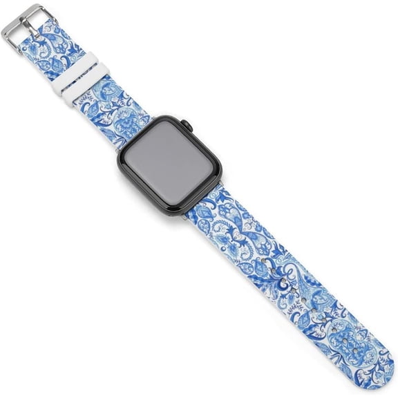 Blue White Floral Paisley Compatible with Apple Watch Band 38mm 40mm 42mm 44mm Women Men, Soft Silicone Sport IWatch Bands Replacement Strap Compatible for IWatch Series 7 6 5 4 3 2 1 SE