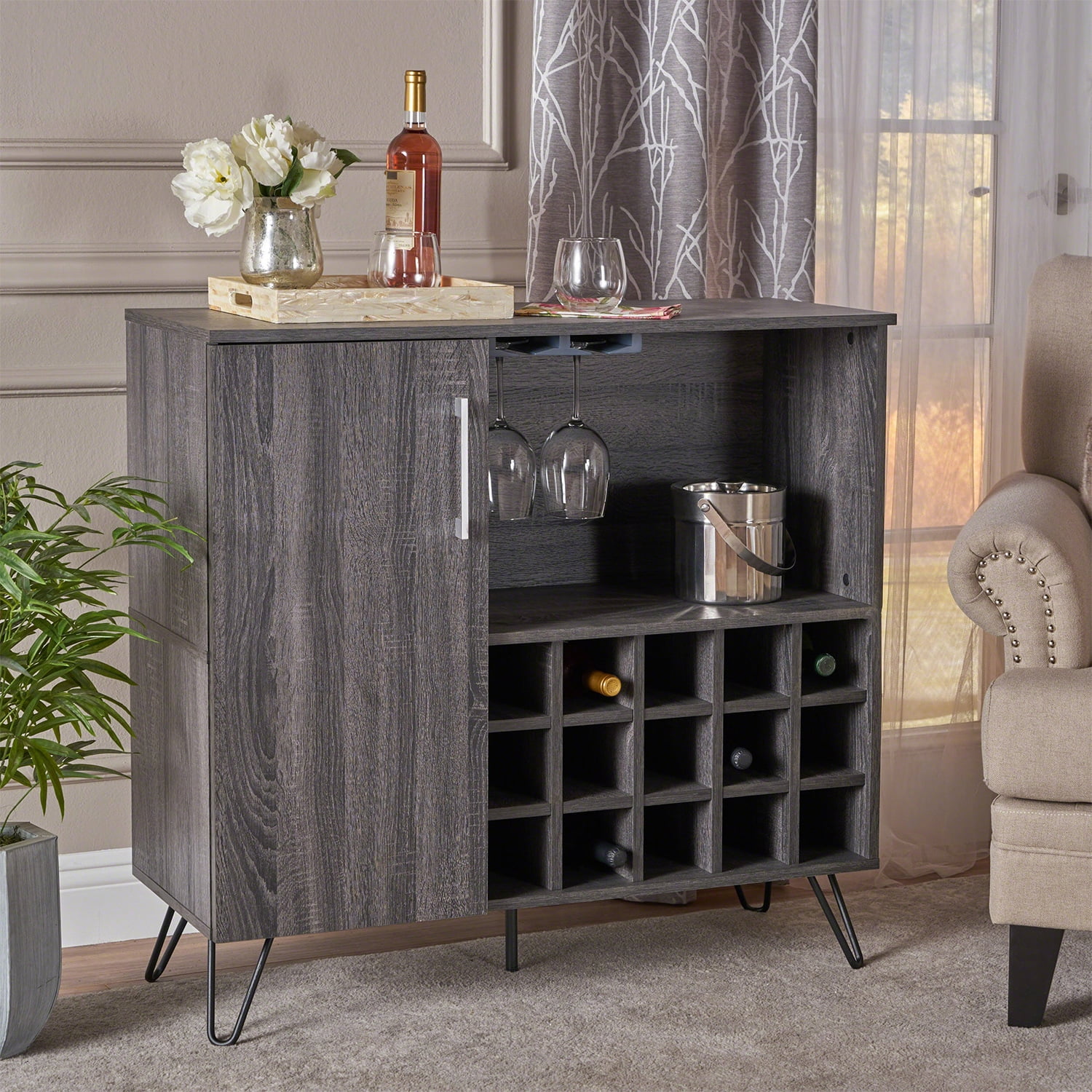 Kadyn Modern Wine Rack Bar Cabinet, Fiberboard Wine Storage Cabinet for Home Bar, Mid Century Wine Cabinet with Cupboard, Plaid Grey Oak