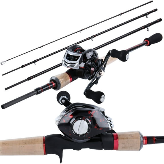 Sougayilang Fishing Combo Portable 4 Sections Casting Fishing Rod and 17+1BB Baitcasting Reel Set