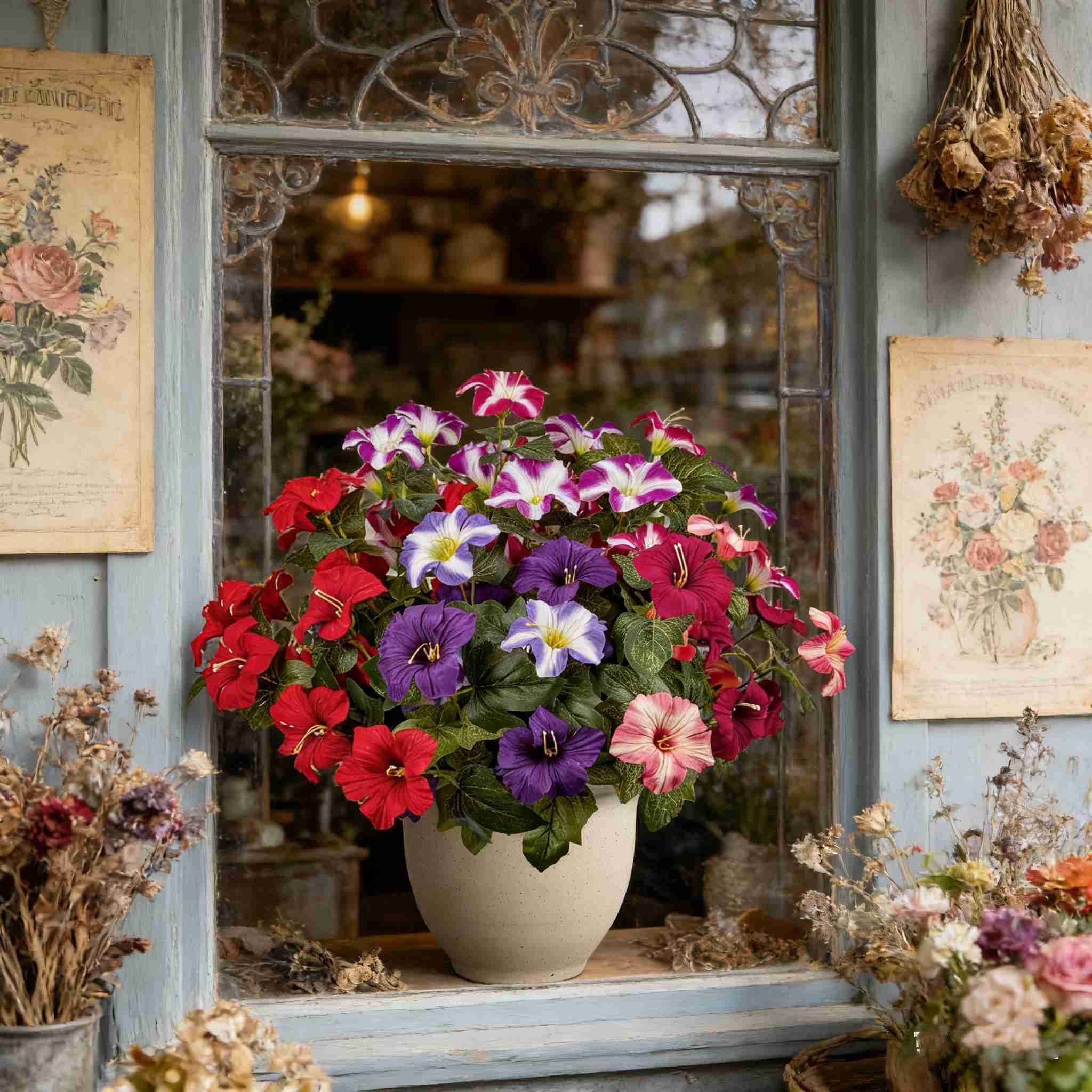 4Pcs Artificial Fake Flowers for Outdoor, 16.54" Faux Silk Petunias Spring Flowers for Indoor Porch Planter Front Door Garden Patio Window Box Home Decor(Mixed Colors)