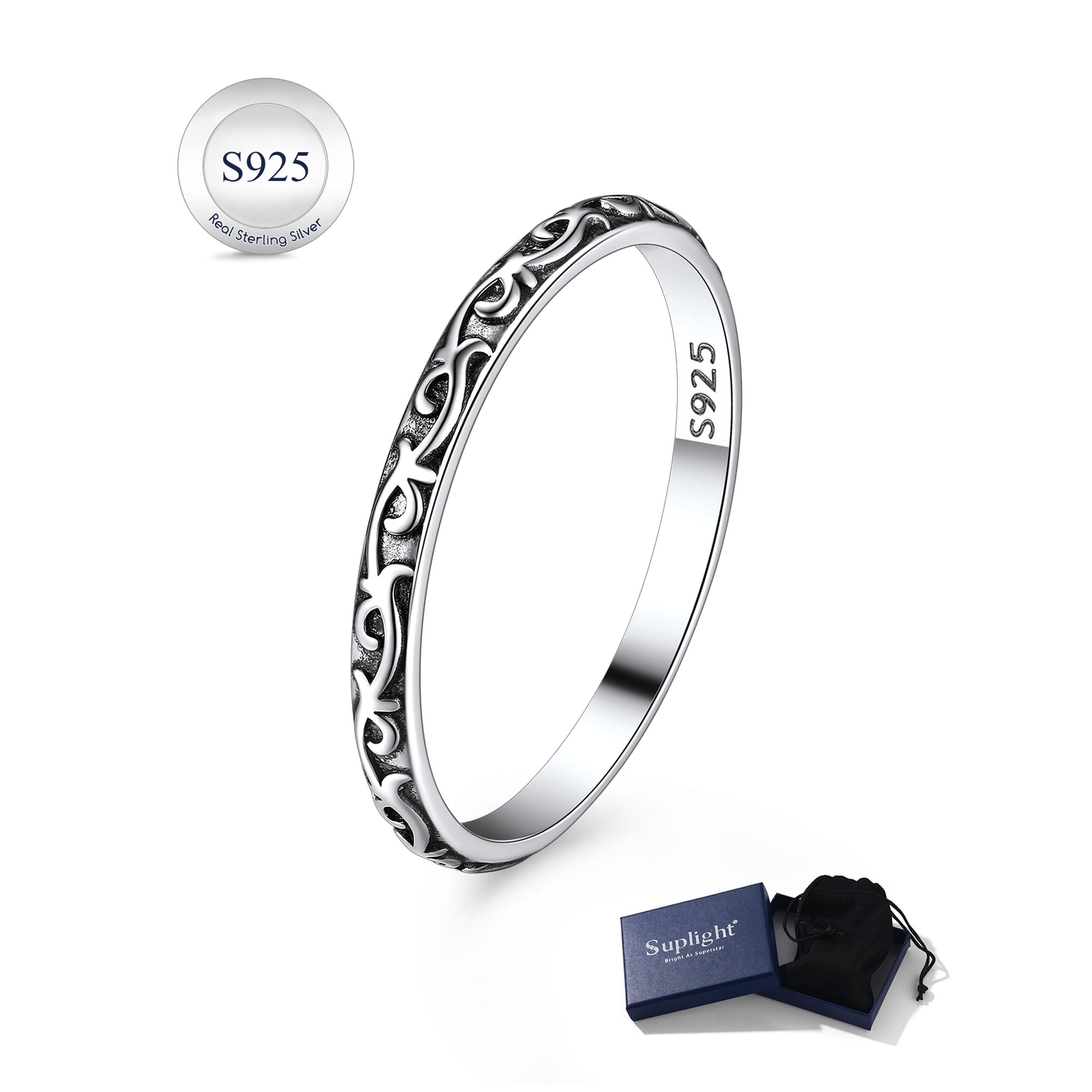 Suplight 925 Sterling Silver Celtic Knot Band Ring, 2MM Thin Vintage Finger Thumb Ring for Women