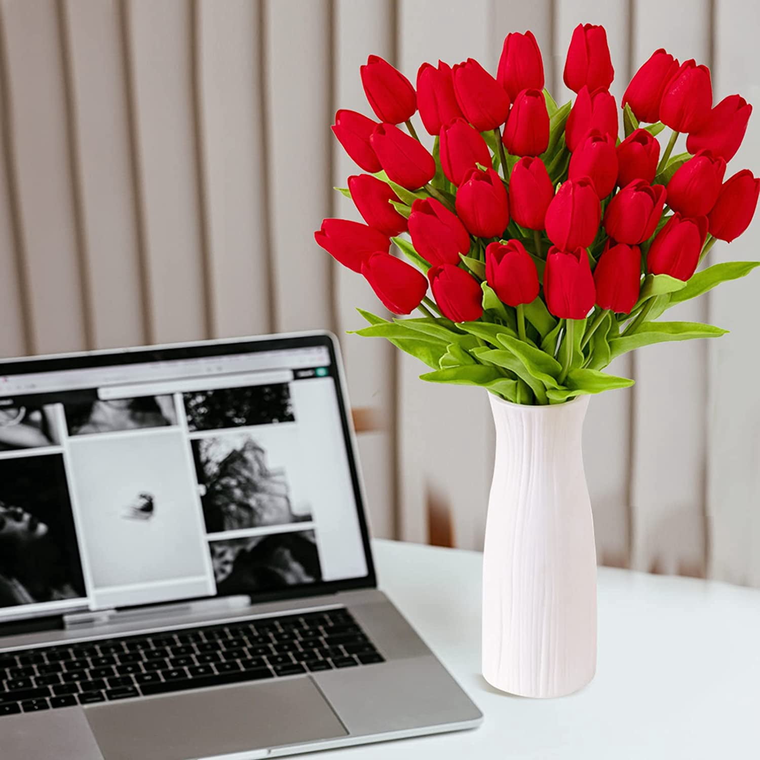 30Pcs Artificial Red Tulip Flowers Faux Tulip Stems PU Real Touch Tulips 13.7" for Spring Easter Vase Wedding Bouquets Floral Arrangements Wreath Table Centerpiece Indoor Outdoor Decoration