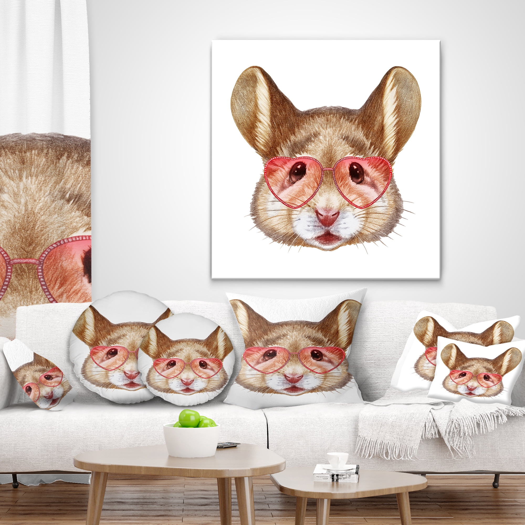 Designart Funny Mouse with Heart Glasses - Animal Throw Pillow - 12x20