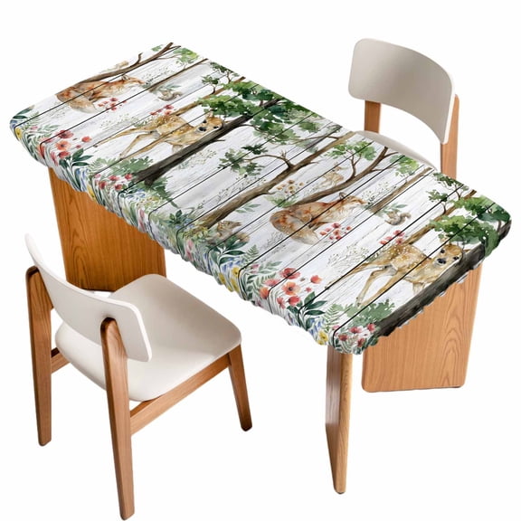 Spring Forest Animals Table Cloths for 6 Foot Rectangle Tables, Floral Botanical Trees Grey Wooden Patio Waterproof Elastic Fitted Tablecloths, Washable Rectangular Table Cover for Camping