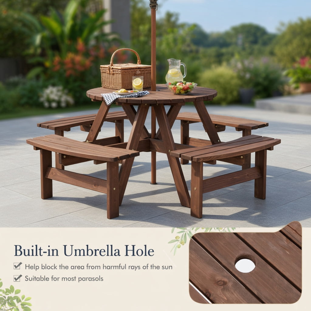 Hommoo 6-Person Wooden Picnic Table Set with Benches & Center Umbrella Hole, Fir Wood Outdoor Dining Set for Patio, Lawn, Deck, Dark Brown