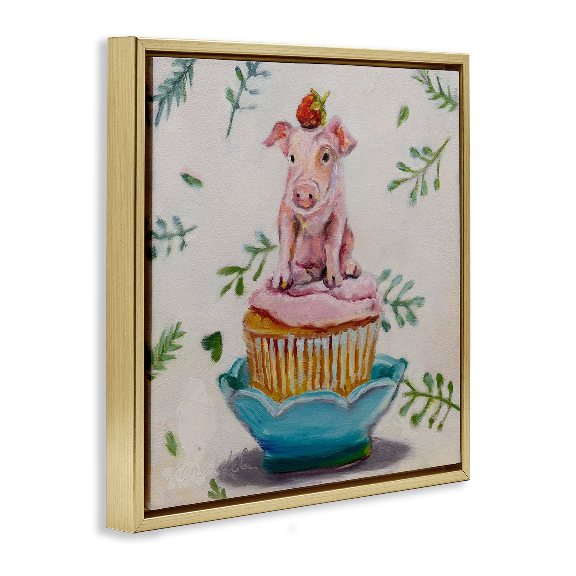 Stupell Industries Teacup Pig on Cupcake Animals & Insects Painting Gold Floater Framed Canvas Art Print Wall Art, 18 x 18