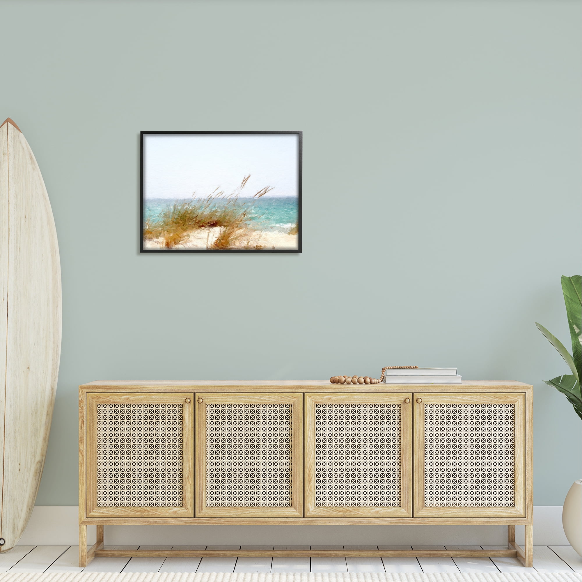 Stupell Beach Reeds Nautical Windblown Coast Landscape Painting Black Framed Art Print Wall Art
