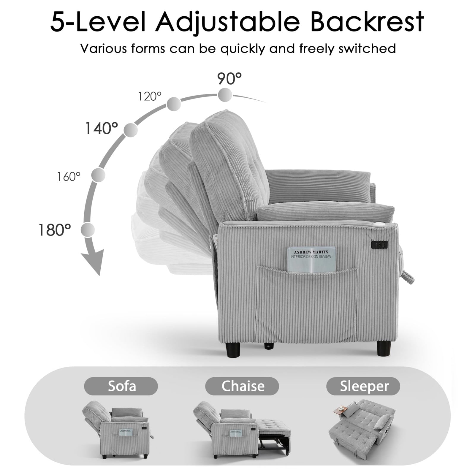 54" Sleeper Sofa Bed, Convertible Pull Out Couch Futon with Side Table, USB Charging Port, Corduroy Fabric, Adjustable Backrest Sofa Bed for Apartment Office, Light Gray