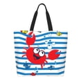 thumbnail image 1 of Disketp Red Funny Crab on Blue Stripe Bolsa Tote Estampada para Mujer, Bolso de Hombro y de Mano para Compras y Viajes, 1 of 8