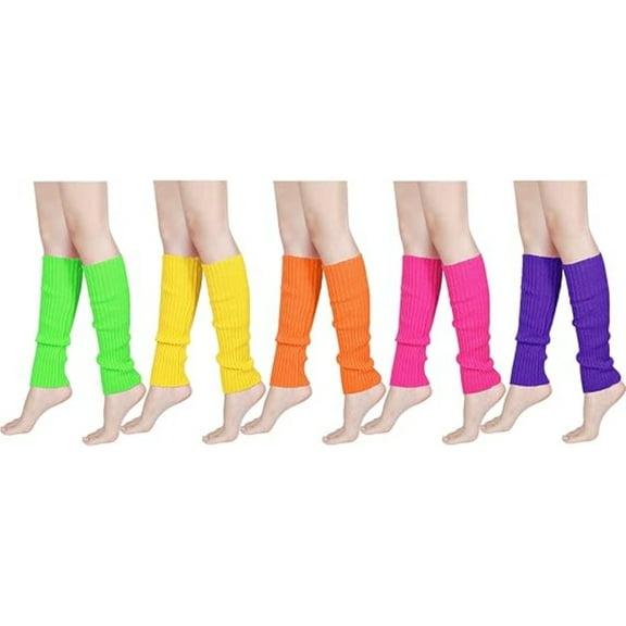 5-Pair 80s Retro Neon Leg Warmers, Knit Ribbed & Stretchy, Women's Dance Party Warmers for Disco/Fitness