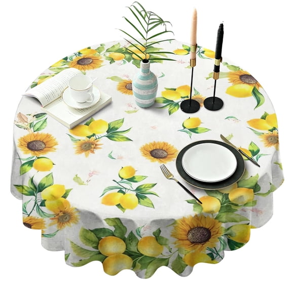 Yellow Lemon Fruit Sunflowers White Pattern Round Tablecloth 60"x60",Wrinkle Wipeable Table Cloth for Kitchen Dining Room Picnic Patio Party
