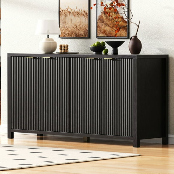 K&K 55" Fluted Buffet Cabinet with Storage, Farmhouse Accent Storage Cabinet 4 Doors, Buffet Sideboard with Adjustable Shelves for Kitchen, Dining Room, Living Room, Entryway, Black