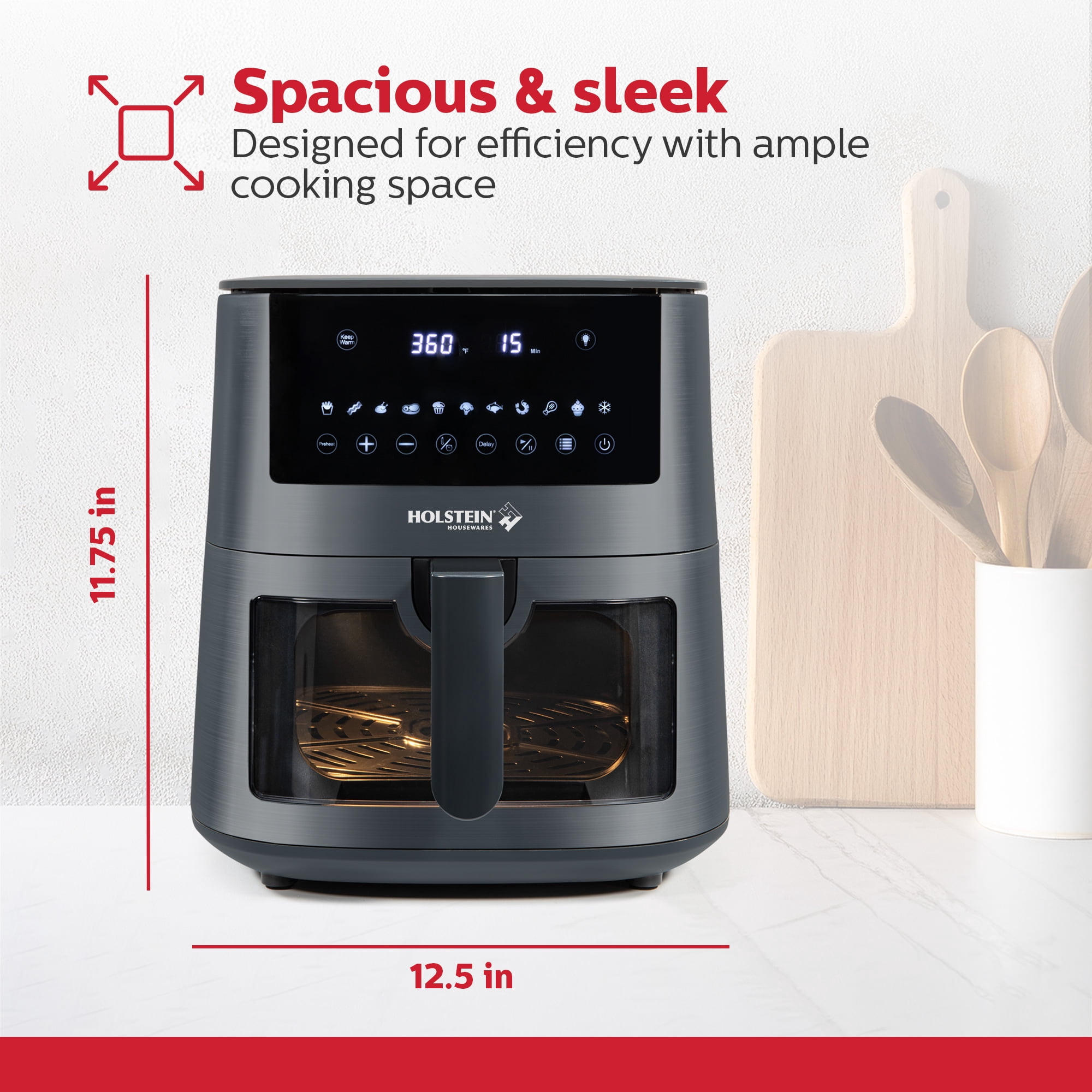 Holstein Housewares 7.6QT Digital Air Fryer with viewing window and led display with 7 preset options. Fry, bake, grill, dehydrate, and roast healthier recipes. Dishwasher Safe
