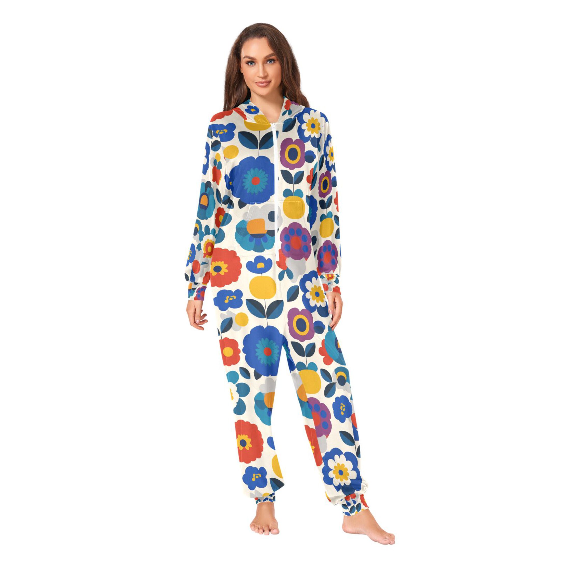 Adult Christmas Onesie Retro Bright Flowers Adult Zipper One-Piece Pajamas Unisex Pajamas with Pockets