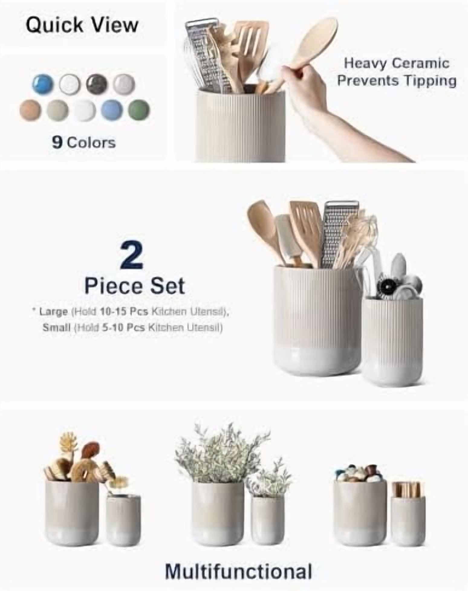 Utensil Holder for Kitchen Counter, 7.3"+5.4" Fluted Ceramic Utensil Crock Organizer for Countertop, Heavy Large Holder for Spatulas, Spoons, Set of 2, Gray Marble