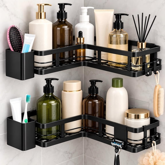 2 Pack Corner Shower Caddy, No Drill Bathroom Shower Organizer Wall Mounted, Adhesive Shower Shelves with 8 Hooks, 2 Cups & Razor Holder, Black