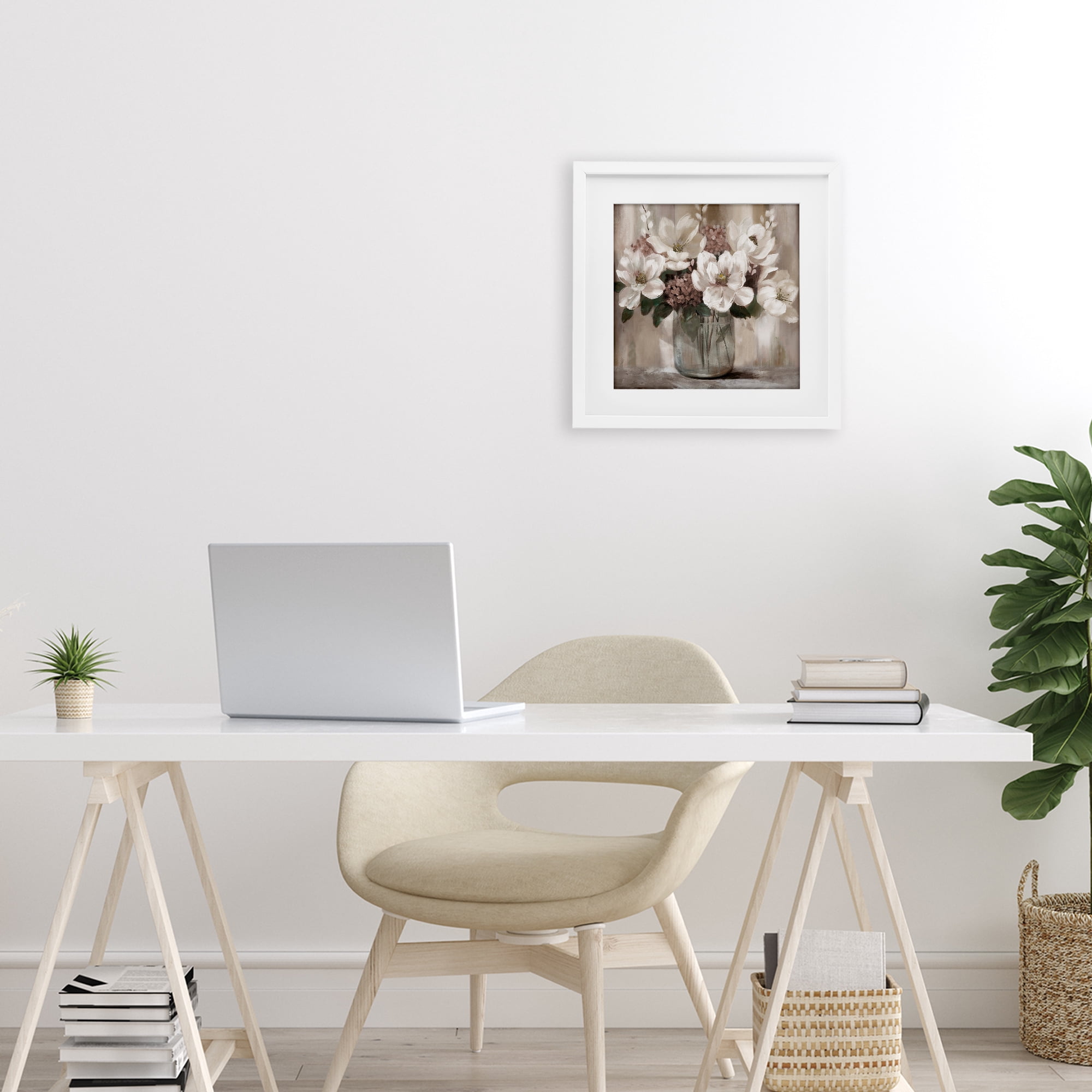 Stupell Industries Ivory Magnolias Vase White Framed Print Under Glass, design by Nan