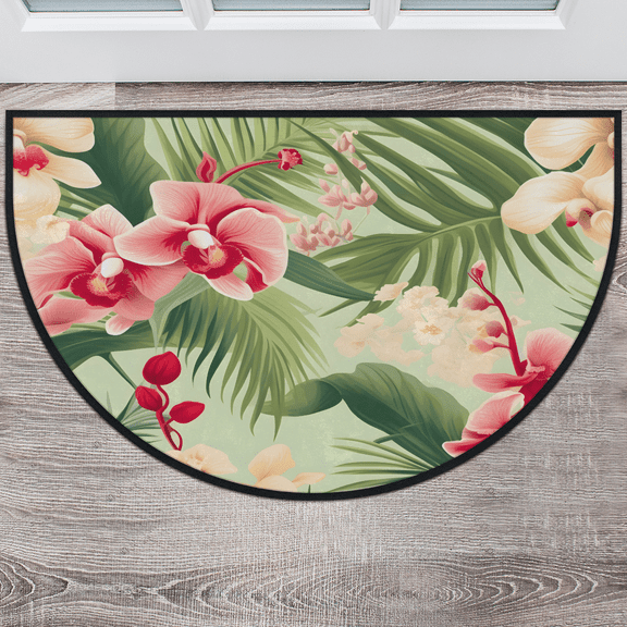 CURLYOOT Tropical Leaf Palm Leaves Floral Half Round Door Mat, Indoor Outdoor Entrance Rug, Semi Circular Area Rug, Non Slip Washable Absorbent Doormat, Laundry Room Rug 40'' x 63''
