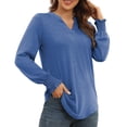 thumbnail image 2 of Blusa con escote en V y muesca, camisa holgada y fruncida de manga larga con escote en V y muesca para mujer, diseño aerodinámico, 2 of 6