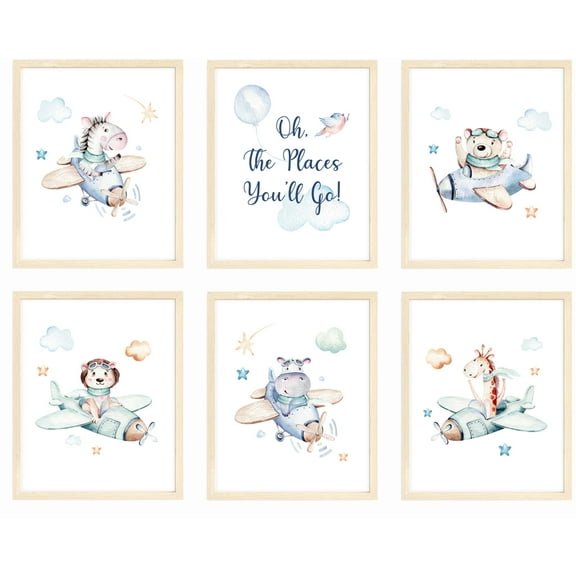 Oh The Places You Will Go Nursery Print, Safari Animals Nursery Wall Art, Seuss Nursery Print, Airplane Nursery Wall Art, Unframed, Set of 6 Prints, 8x10"
