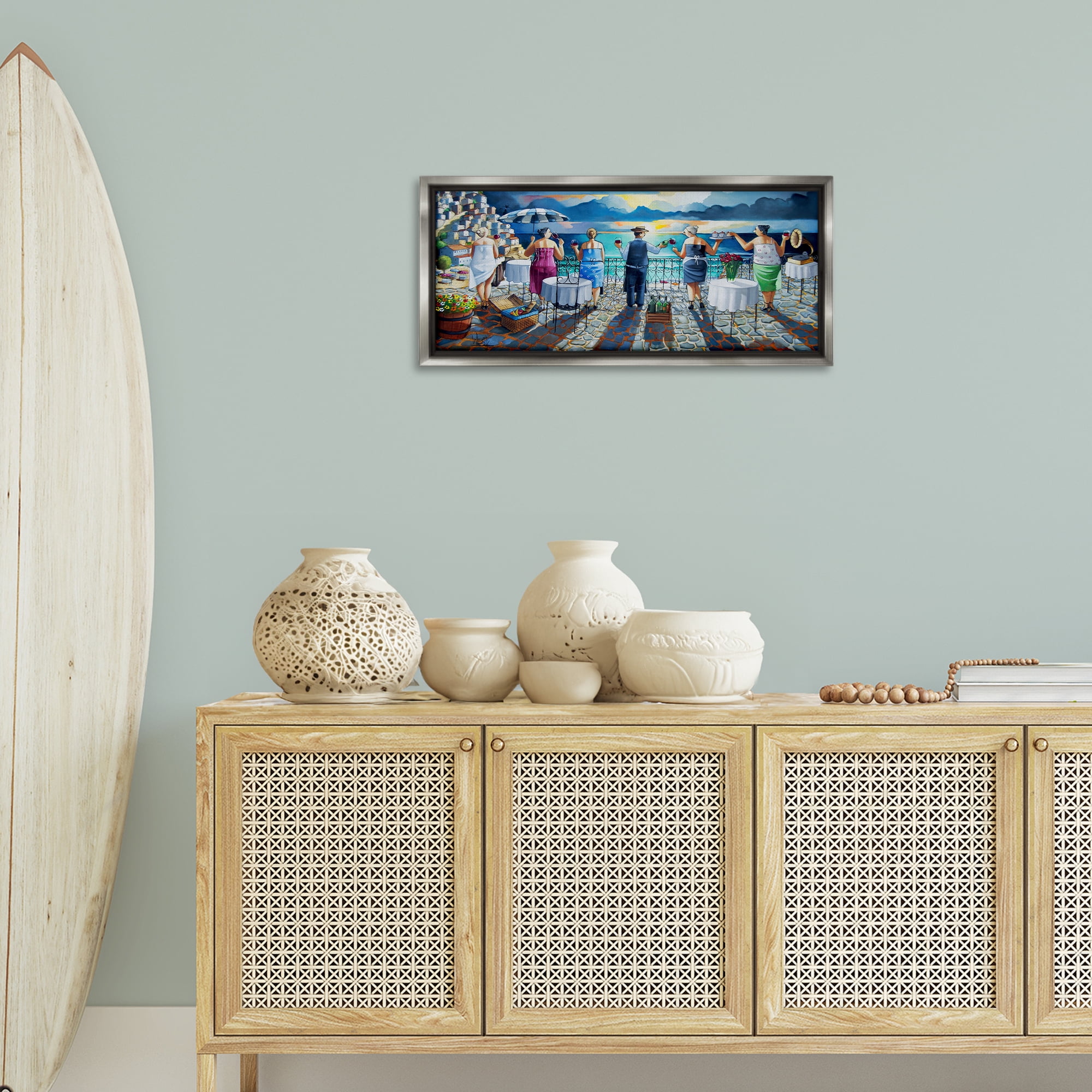 Stupell Industries Villa Sunset View People Painting Gray Floater Framed Canvas Art Print Wall Art, 31 x 14