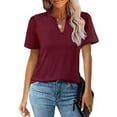 thumbnail image 2 of WREESH Women's Dressy Casual Blouses Solid Color Puff Sleeve V-Neck Short Sleeve Pullover Tops Wine, 2 of 8