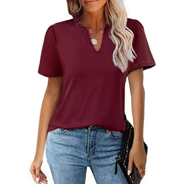 Fiudx Ropa de Mujer Moda Mujer Casual Sólido Jersey con Cuello En V Manga Corta Camiseta Tops Blusa