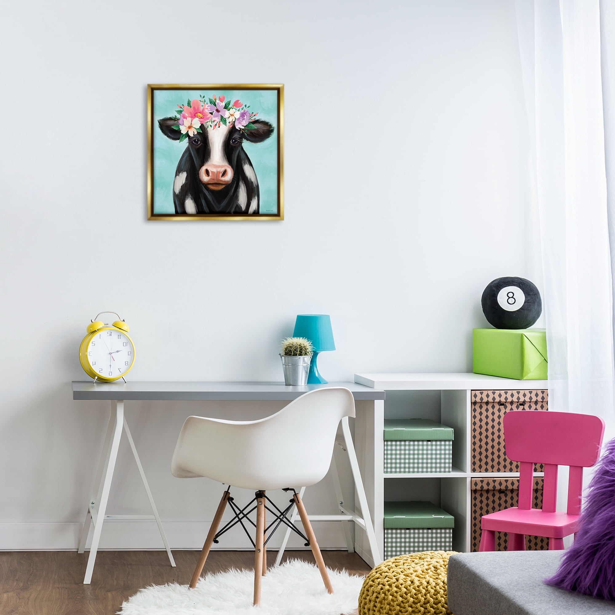 Stupell Industries Cow with Pastel Flowers Animals & Insects Painting Gold Floater Framed Canvas Art Print Wall Art, 18 x 18