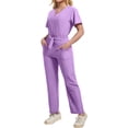 thumbnail image 4 of Scrubs for Women Short Sleeve V Neck Soft Stretch Scrub Tops Women and Scrub Pants Medical Nursing Uniform Wrinkle-Resistant Work Uniform Light Purple S, 4 of 6