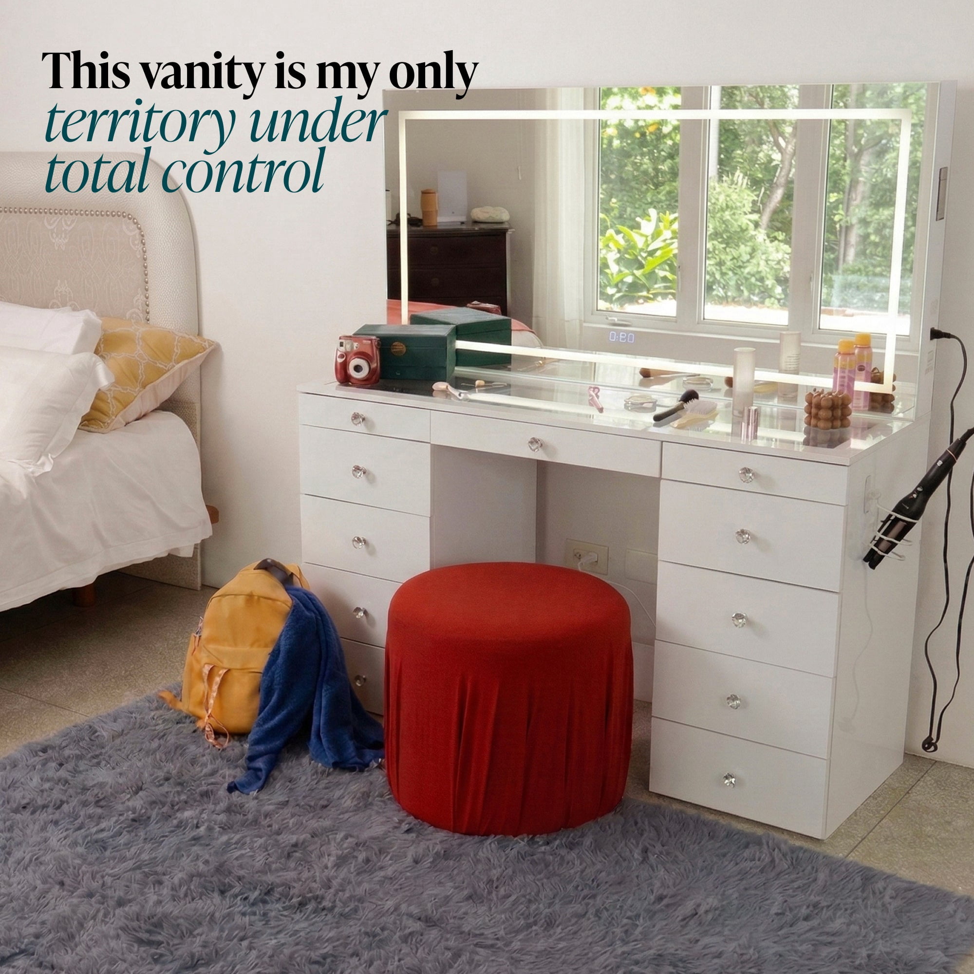 Boahaus Elara Extra Large Vanity Desk with Mirror and Lights – 11 Drawer Makeup Vanity Table with Storage, Power Outlet and Built-In Speakers
