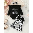 thumbnail image 2 of Wassery Infant Girls Birthday Outfits 3Pcs Baby Girls Fall Clothes Set Newborn Girls Letter Cow Print Long Sleeve Rompers Long Flare Pants Headband 0-18M, 2 of 9