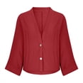 thumbnail image 3 of Linen Blend Shirts for Women 3/4 Sleeve 2 Button V Neck Open Front Solid Tops Red,M, 3 of 5