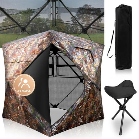 Hunting Blind 58 inch 270 Degree See Through Ground Tent for 3 Persons with Carrying Bag Pop up Ground Blinds for Deer Turkey Duck Hunting Bow Hunting Adjust Windows with Silent Zipper