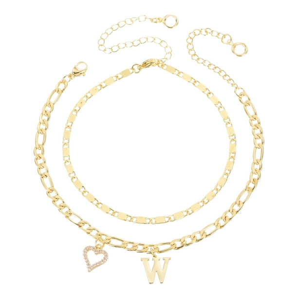 Uxcell Pulseras de Tobillo Inicial Corazón para Mujeres, Pulseras en Capa con Letra W Baño de Oro de 14K, Cadena de Letras del Alfabeto A-Z con Caja para Regalo de Verano en la Playa, Tono Dorado