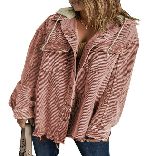 Womens Corduroy Shacket Jacket Long Sleeve Button Down Color Block Hooded Coat with Pockets