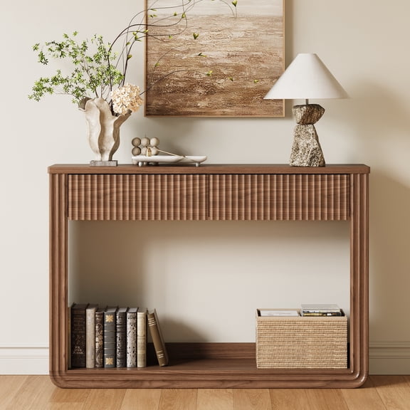 LINSY HOME 47.2" Narrow Console Table with 2 Drawers, Wavy Design, Entryway Table with Open Storage Shelf for Living Room, Hallway, Foyer-Walnut