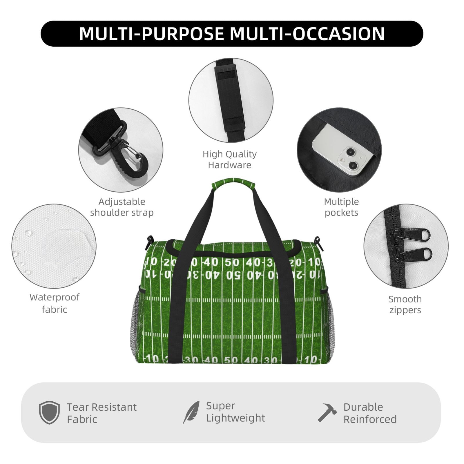 Defioc American Football Field2 Print Hand Travel Bag - Foldable Travel Duffel Bags for Men Women -Sport Gym Bag - Overnight Travel Duffel Bag - Adjustable Shoulder Strap